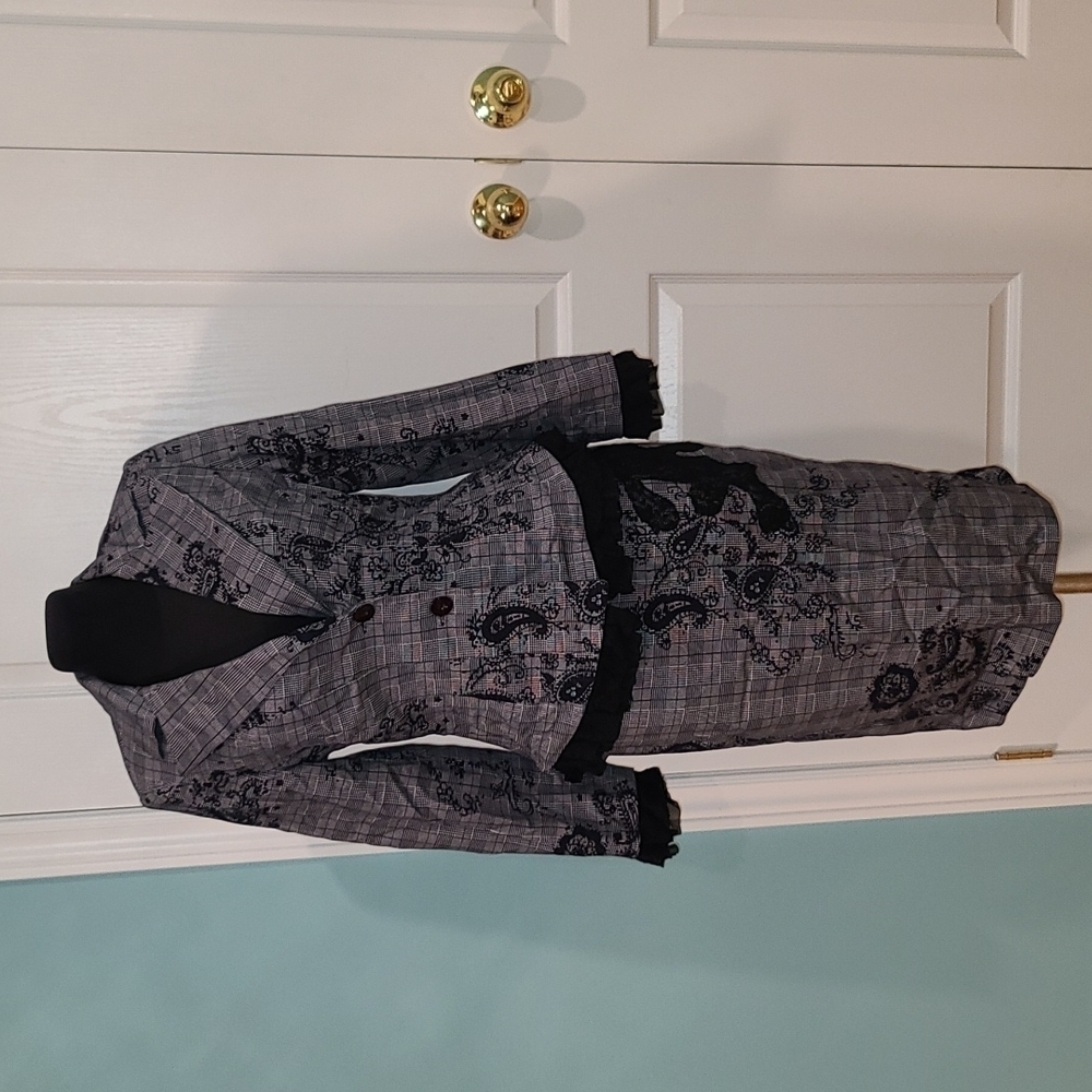 Pick Up Grey Plaid Black Floral Print  midi Pencil skirt Peplum blazer Coord Set